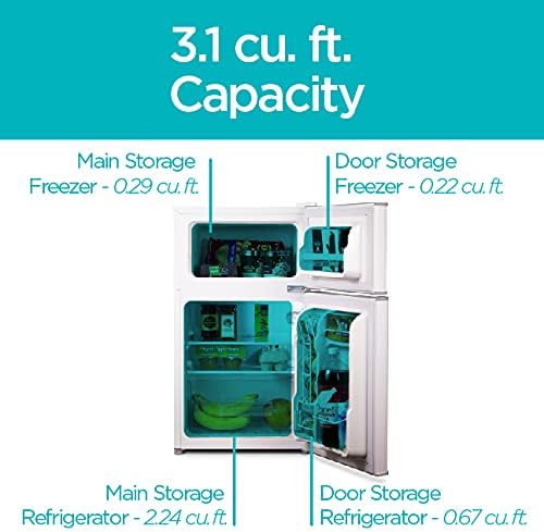 BLACK+DECKER 3.1 Cu. Ft. Compact Two Door Refrigerator with Freezer, ENERGY STAR Certified Mini Fridge, 0.9 Cu. Ft. Freezer, Interior Light, R600a Refrigerant, BCRDK32W, White