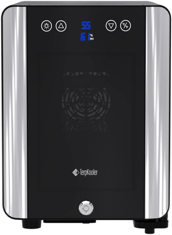 Terpkooler Essential Cooler Compact Portable Mini Fridge with Temp & Humidity Control, 3 USB Ports, Smoked Glass Shelves, Lockable UV Glass Door for Herbs, Oils, Cosmetics, and More