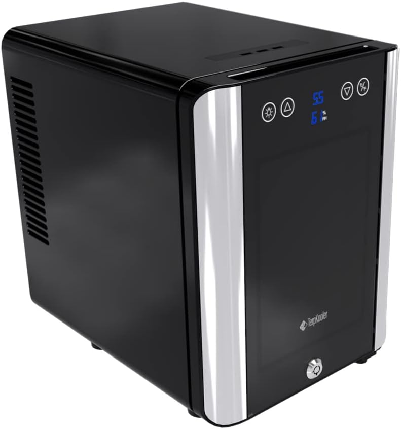 Terpkooler Essential Cooler Compact Portable Mini Fridge with Temp & Humidity Control, 3 USB Ports, Smoked Glass Shelves, Lockable UV Glass Door for Herbs, Oils, Cosmetics, and More