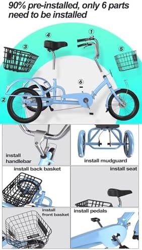 Folding Tricycle for Men & Women | 3-Wheel Pedal Assist Cargo Bike with Rear Basket | Adjustable Seat & Handlebar | Dual Brakes for Safety | Perfect for Shopping & Leisure
