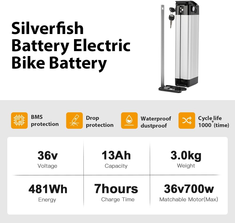 Yose Power 48V 36V 10.4Ah 13Ah 15Ah 17.4Ah Ebike Battery Sliver Fish Electric Bike Battery 250W 350W 500W 700W 900W 1000W Electric Bicycle Lithium Batteris (Silver Color 36V13Ah for 0-750W Motor)