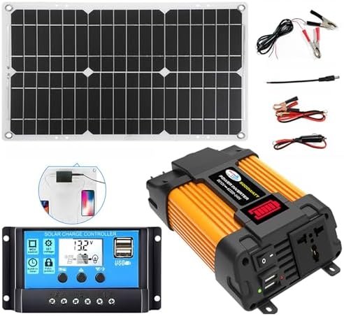 6000W 12V to 110V/220V Solar Inverter Kit with 30A Controller + 18W 12V Solar Panel, Portable Solar Generator for Home & Off-Grid Power Supply (Yellow, 12V-110V)