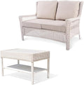 Park Meadow 2-Piece Wicker Patio Sofa Set All-Weather HDPE Rattan Outdoor Loveseat with Double Shelves & Grey HIPS Top Coffee Table for Backyard Porch Deck (Taupe Beige/Off-White)