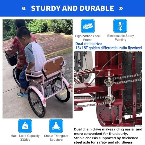 Folding Tricycle for Adults - Low-Step 3-Wheel Cruiser Bike with Rear Seat for Passengers & Cargo, Dual Brakes, Front Suspension, and Dual Chain Drive - Perfect for Men & Women