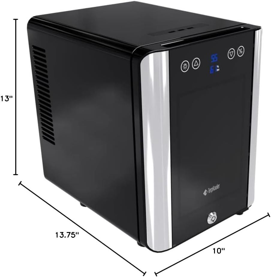 Terpkooler Essential Cooler Compact Portable Mini Fridge with Temp & Humidity Control, 3 USB Ports, Smoked Glass Shelves, Lockable UV Glass Door for Herbs, Oils, Cosmetics, and More
