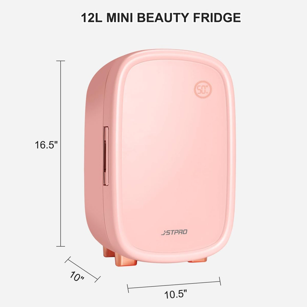 JSTPRO Skincare Fridge 12 Liter, Beauty Fridge for Comestic Storage, 10°C/50°F + Intelligent Constant Temperature Control Mini Compact Pink Cosmetics Refrigerator for Makeup Lipstick
