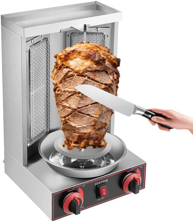 Shawarma Grill Machine, LPG Gas Gyro Grill Oven, Vertical Broiler Rotating, Doner Kebab Machine, with 2 Burners for Home Kitchen Adjustable Temperature,Roasting 10kg of Meat Silver