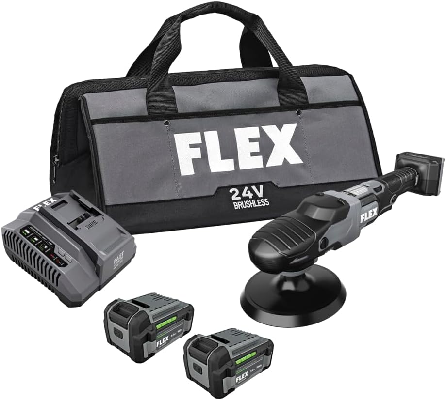 FLEX 24V Brushless Cordless Rotary Polisher Kit, Variable Speed, 6-Inch, Ideal for Detailing, Body Shop & Repair, w/ (2) 5.0Ah Lithium Batteries & 160W Fast Charger - FX3311-2C