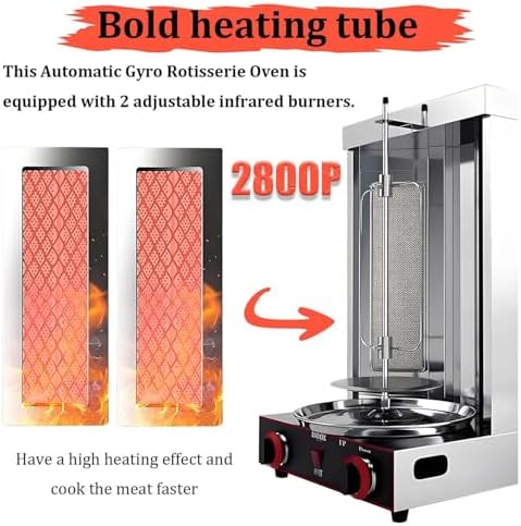 Commercial Shawarma Rotisserie Machine - 2-Burner Doner Kebab Grill with 360° Rotating Broiler, Adjustable Temp, Ideal for BBQ Parties, Home & Restaurant Use (Gas 2800P)