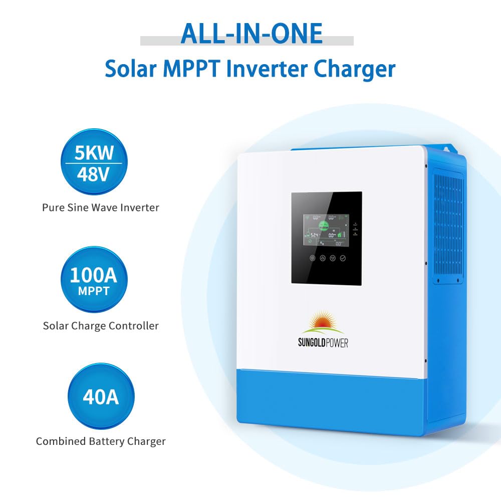 SUNGOLDPOWER Off-Grid Solar Kit SGM-5K5E:UL1741 5000W 48VDC 120V Inverter 5.12KWH Wall Mounted Battery 6 X 200 Watts Solar Panels for Homes,Cabins,RVs,Sheds,Backup,Off Grid System