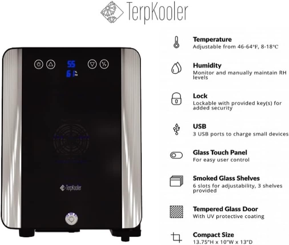 Terpkooler Essential Cooler Compact Portable Mini Fridge with Temp & Humidity Control, 3 USB Ports, Smoked Glass Shelves, Lockable UV Glass Door for Herbs, Oils, Cosmetics, and More