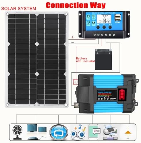6000W Solar Inverter 12V to 110V/220V with 30A Controller & 18W 12V Solar Panel Kit - Complete Solar Generator for Home Grid System (Yellow, 12V-110V)