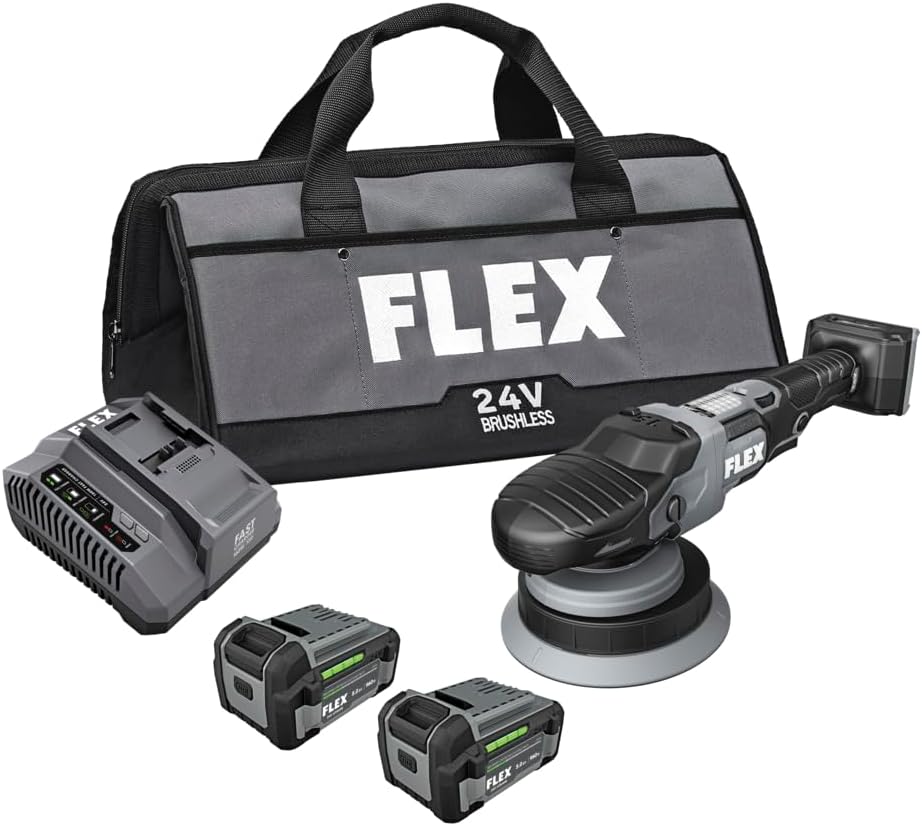 FLEX 24V Brushless Cordless Free Random Orbital Polisher Kit, Variable Speed, 6-Inch, Ideal for Detailing, Body Shop & Repair, w/ (2) 5.0Ah Lithium Batteries & 160W Fast Charger - FX3321-2C