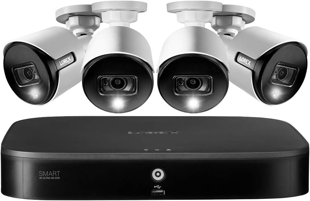 Lorex 4K Security Camera System, Ultra HD Indoor/Outdoor Wired Bullet Cameras with Motion Detection Surveillance, Active Deterrence and Smart Home Compatibility, 2TB 8 Channel DVR, 4 Cameras