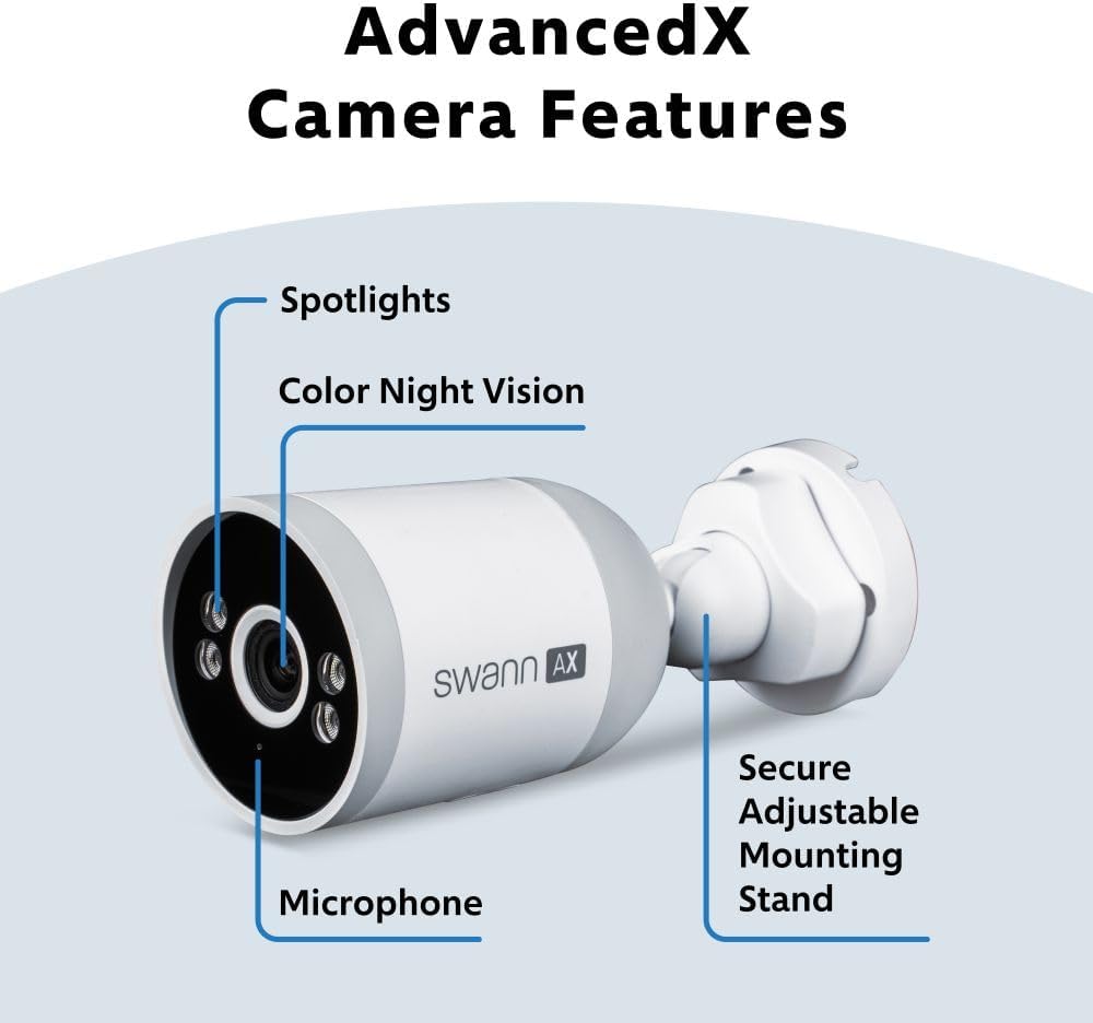 Swann AdvancedX Wired NVR 4K Security Camera System, 8 Channels, 8 PoE Cameras Outdoor, 1TB HDD Storage, Color Night Vision, Smart AI Video Analytics/Alerts, Motion Detection, 24/7 Recording
