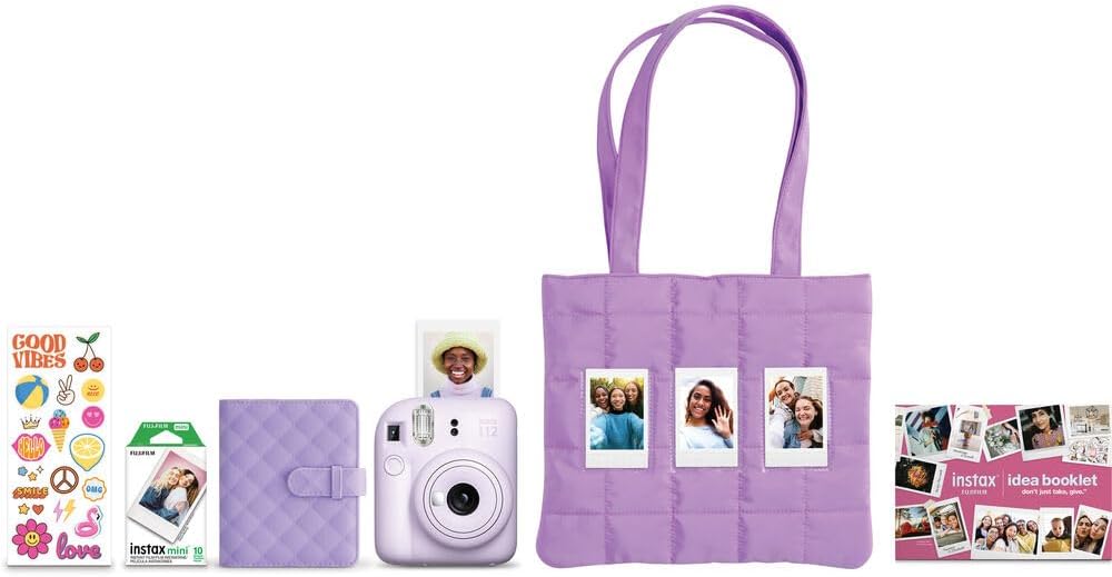 FUJIFILM instax mini 12 Instant Film Camera Holiday Bundle (Lilac Purple) with 2 x Instax Mini Instant Film - Foil Pack and Microfiber Cloth