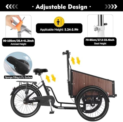 Inverted Pedal Tricycle for Adults & Seniors, 3-Wheel Bike with Adjustable Seat & Handlebar, Front Wooden Cargo Box for Child & Goods, Ideal for Cycling, Outings & Picnics