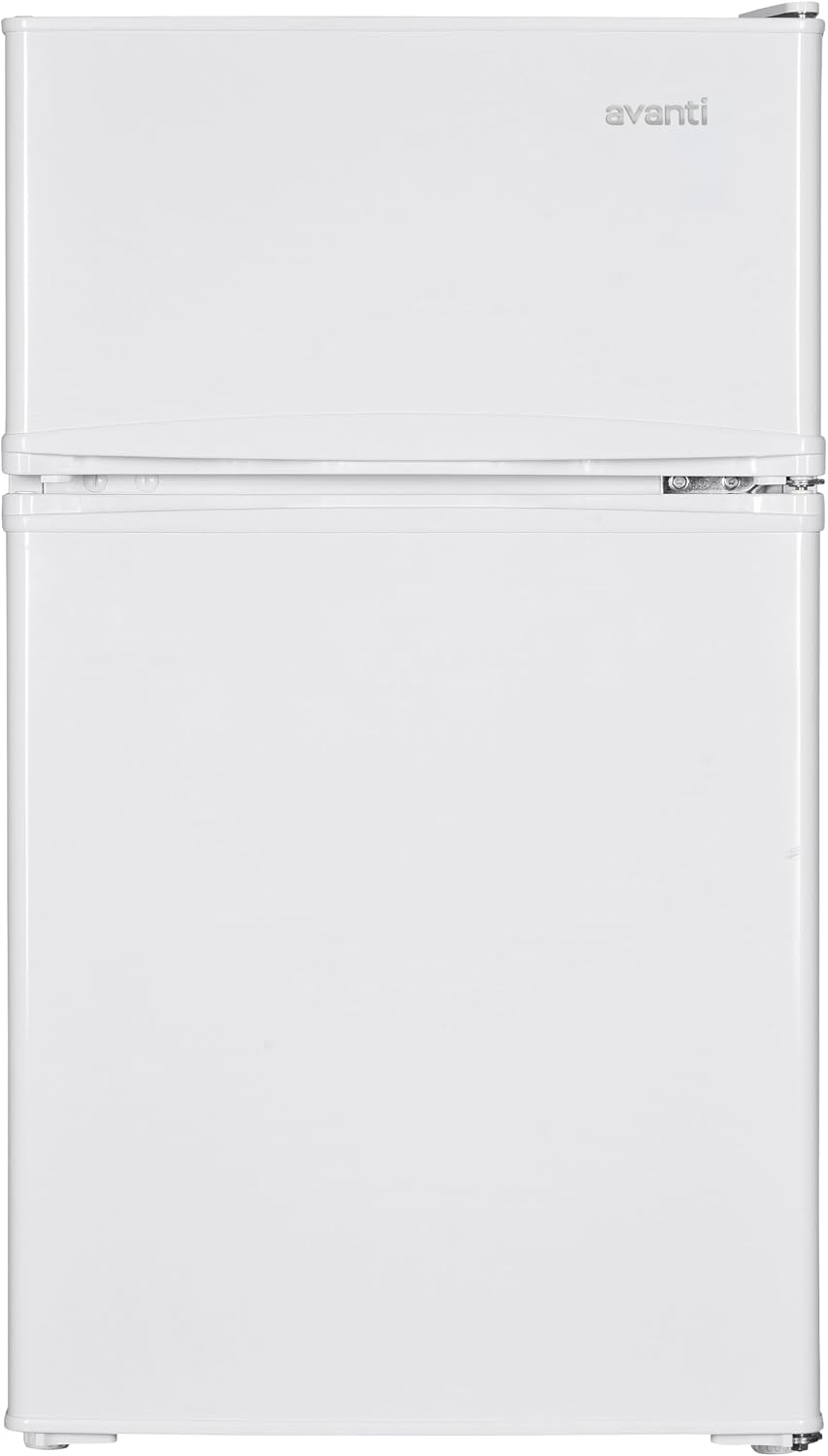 Avanti Mini Fridge with Freezer Compact Refrigerator for Home Office or Dorm, Features Dual Doors Removable Shelves & Crisper Automatic Defrost and Adjustable Temperature Control, 3.1-Cu.Ft, White