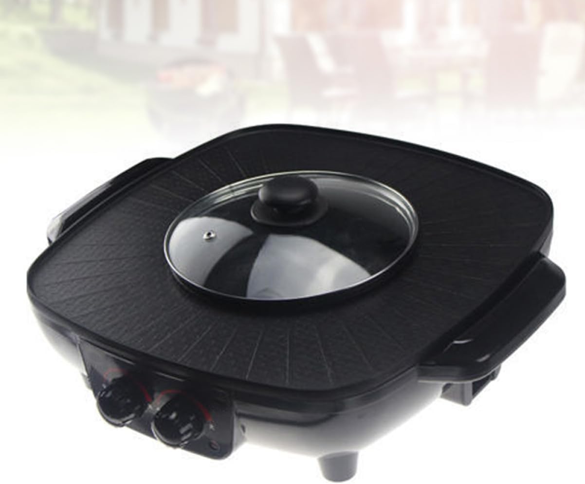 COLLBATH Electric Hot Pot Grill Multi-function Cooker with Smokeless Non-stick Coating Temperature Control for Home and Restaurant Use Black Color with Triangle Plug