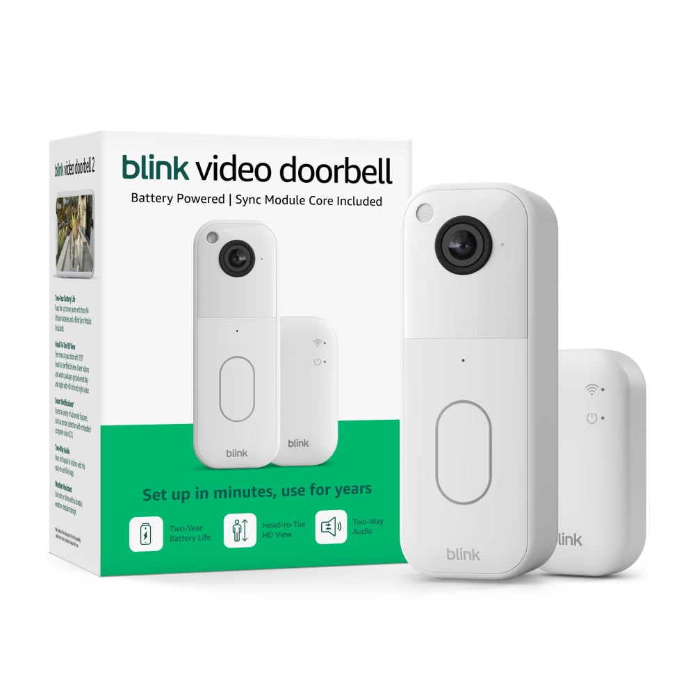 Blink Video Doorbell with 1-Year Subscription – Head-to-toe HD view, two-year battery, Sync Module Core included – System (White)