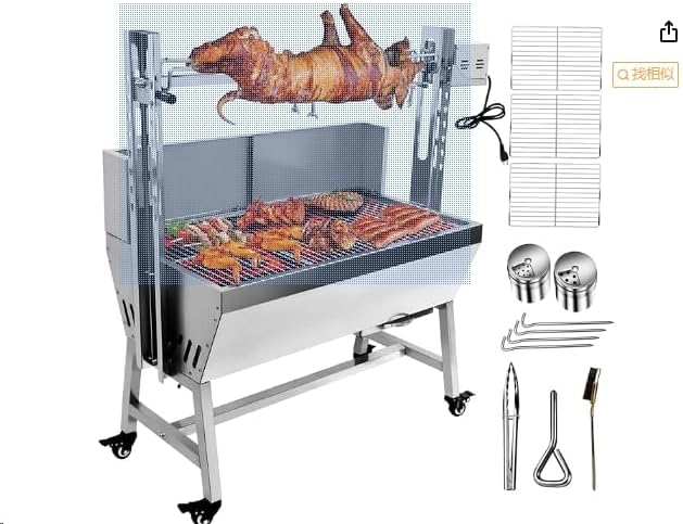 Rotisserie Grill With Windscreen Electric BBQ Whole Pig Lamb Spit Grill Stainless Steel Rotisserie Roaster w/ 50W 198 Lbs Capacity Electric Motor Roaster With Lockable Wheels for Camping Outdoor