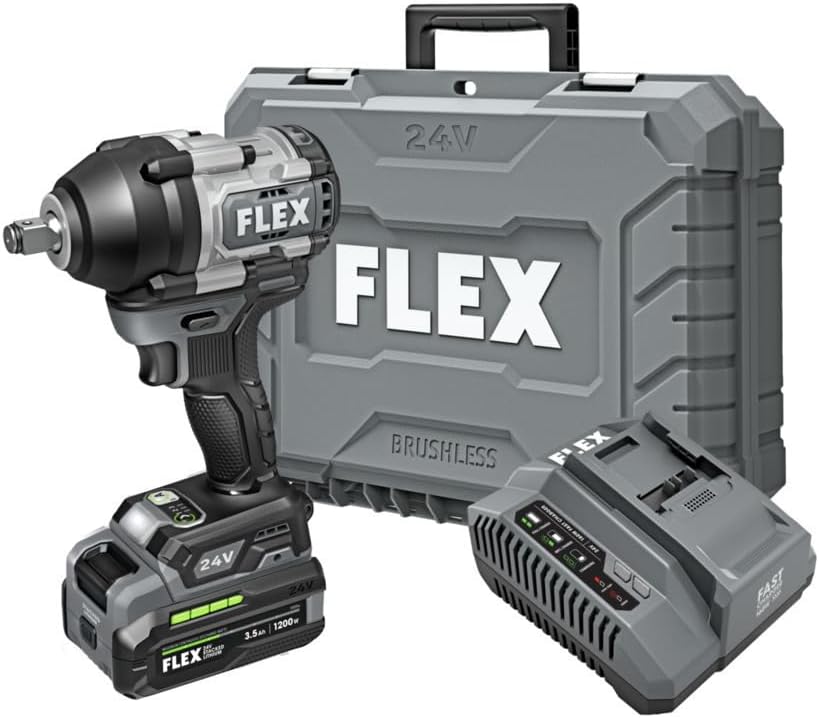 FLEX 24V Brushless Cordless 1/2-Inch 750 Ft-Lbs Mid-Torque Impact Wrench Kit with 3.5Ah Stacked Lithium Battery and 160W Fast Charger - FX1451-1F, Grey/Black
