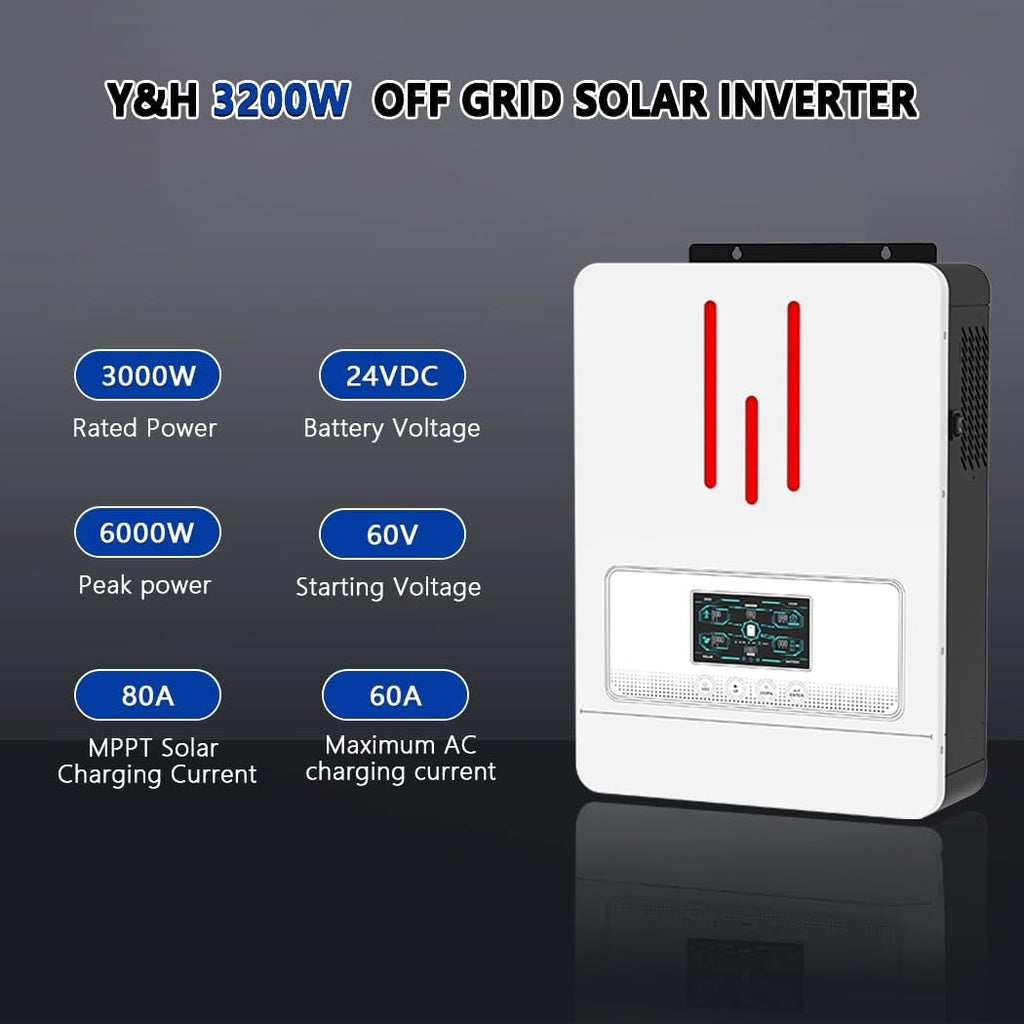 Y&H 3200W Hybrid Solar Inverter DC24V to AC230V, Supports Battery-Free Operation, with 80A MPPT Solar Charger, Pure Sine Wave Off-Grid, LiFePO4 BMS-RS485, 4ms UPS Transfer, RV & Home Zero-Bill Backup