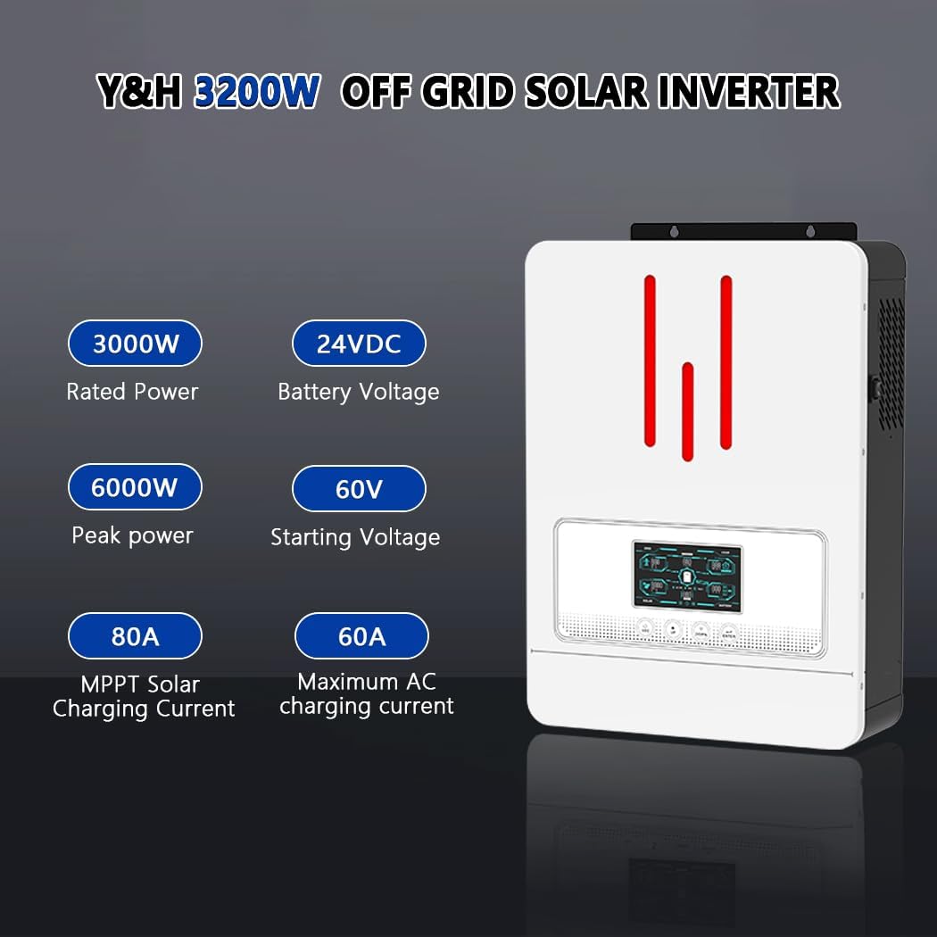 Y&H 3200W Hybrid Solar Inverter DC24V to AC230V, Supports Battery-Free Operation, with 80A MPPT Solar Charger, Pure Sine Wave Off-Grid, LiFePO4 BMS-RS485, 4ms UPS Transfer, RV & Home Zero-Bill Backup