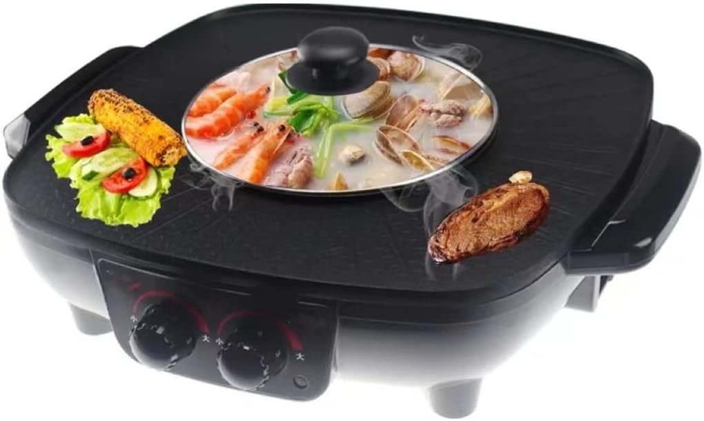 JYYBN Electric Hot Pot 2 in 1, Multifunctional Cast Aluminum Electric Grill and Hot Pot with Glass Lid, Dual Temperature Control Electric BBQ Barbecue Grill Baking Tray for Party Camping