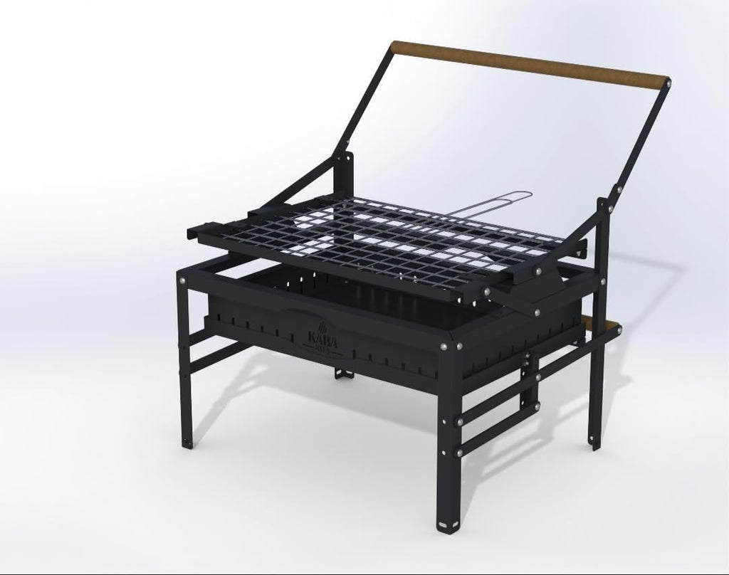 Adjustable Height Charcoal Grill with Rotating Grate, Black Steel, Outdoor Portable BBQ Grill, Height-Adjustable Cooking Surface