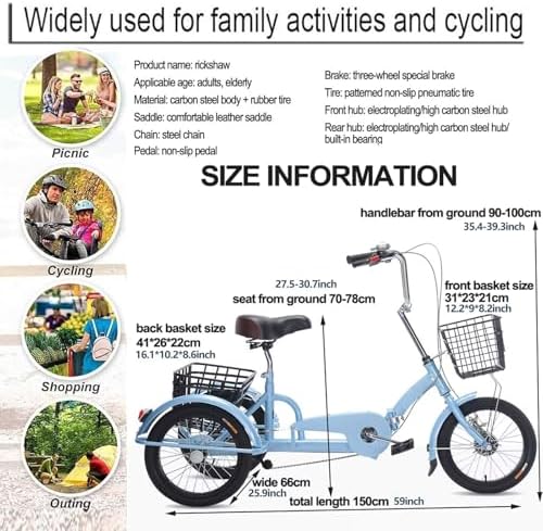 Folding Tricycle for Men & Women | 3-Wheel Pedal Assist Cargo Bike with Rear Basket | Adjustable Seat & Handlebar | Dual Brakes for Safety | Perfect for Shopping & Leisure