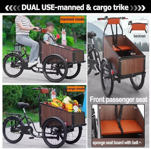 Inverted Pedal Tricycle for Adults & Seniors, 3-Wheel Bike with Adjustable Seat & Handlebar, Front Wooden Cargo Box for Child & Goods, Ideal for Cycling, Outings & Picnics