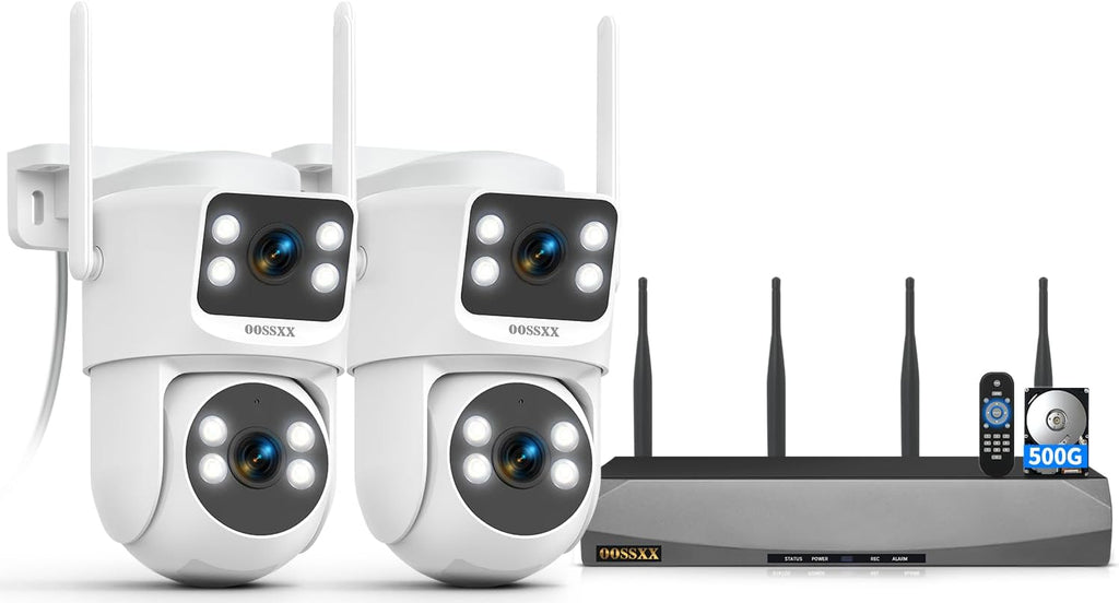 OOSSXX (2026 New) Dual Lens Wireless Security Camera System 4MP, 16CH WiFi NVR with 2 Cameras, 4 Antennas 55% Longer Range, Fixed + PTZ, Free App No Monthly Fee