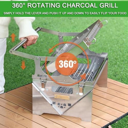 360 degree Rotating Portable Charcoal Grill Stainless Steel for Outdoor Picnics, Camping, Yard Parties Flipping Barbecue Grill for Easy Cooking