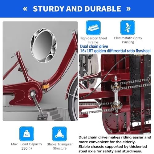 Folding Tricycle for Adults - Low-Step 3-Wheel Cruiser Bike with Rear Seat for Passengers & Cargo, Dual Brakes, Front Suspension, and Dual Chain Drive - Perfect for Men & Women