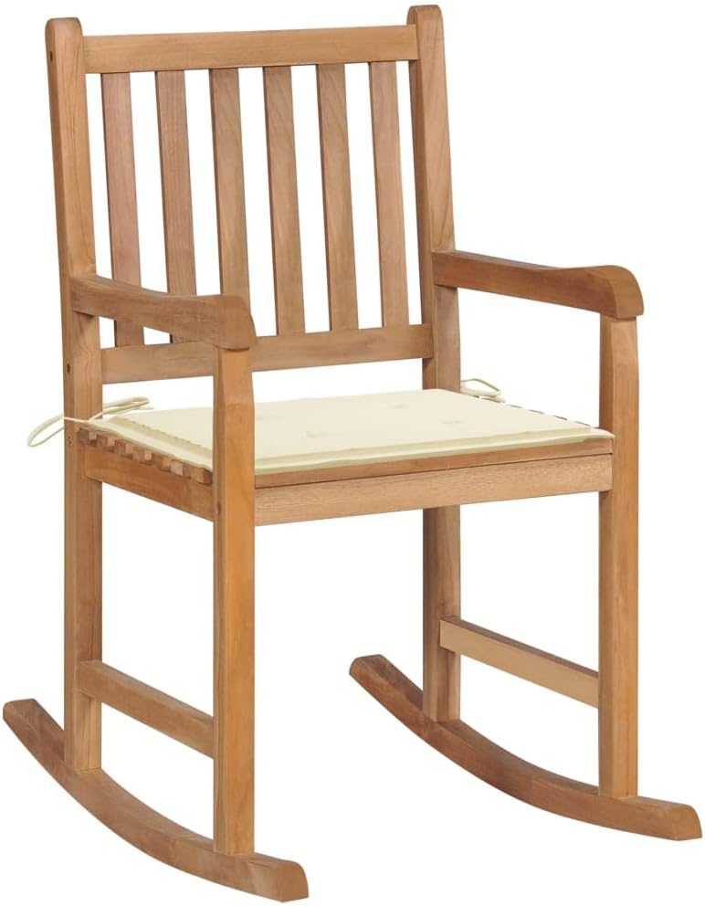 vidaXL Solid Teak Wood Rocking Chair with Cream Cushion - Weather-Resistant Indoor and Outdoor Relaxing Chair, Garden Furniture, Smooth Fine Sanded Finish, Easy-Assembly Rocker