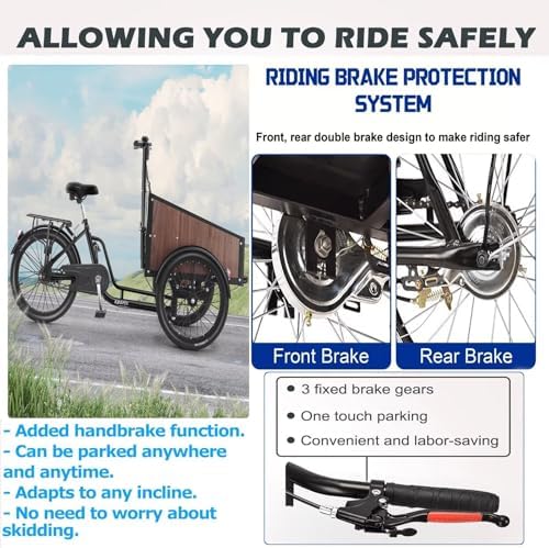 Inverted Pedal Tricycle for Adults & Seniors, 3-Wheel Bike with Adjustable Seat & Handlebar, Front Wooden Cargo Box for Child & Goods, Ideal for Cycling, Outings & Picnics