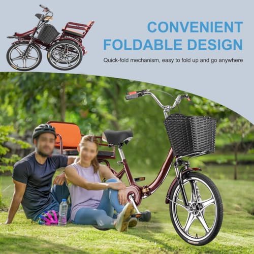 Folding Tricycle for Adults - Low-Step 3-Wheel Cruiser Bike with Rear Seat for Passengers & Cargo, Dual Brakes, Front Suspension, and Dual Chain Drive - Perfect for Men & Women