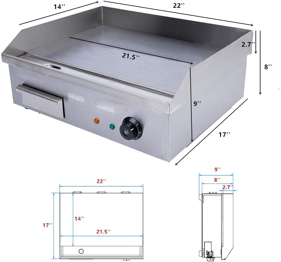 Commercial Electric Griddle 110V 3000W Electric Flat Top Griddle Non-Stick Teppanyaki Grill, 22'' x 14'' Cooking Plate, Stainless Steel Restaurant Electric Countertop Griddle Tabletop Grill