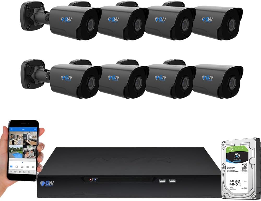 GW Security 8 Channel 12MP NVR Face Recognition/Human/Vehicle Detection 4K 8MP Security Camera System - Eight 8MP 2160P Outdoor Microphone AI Bullet Cameras, Video & Audio Recording, 2TB Hard Drive