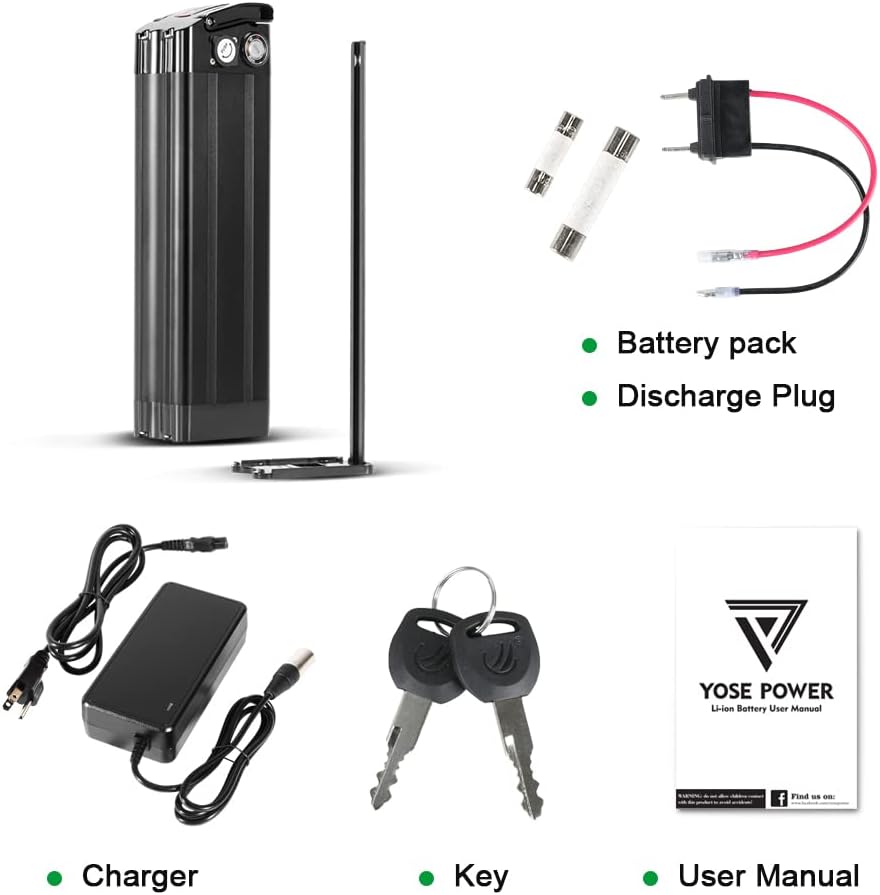 Yose Power 48V 36V 10.4Ah 13Ah 15Ah 17.4Ah Ebike Battery Sliver Fish Electric Bike Battery 250W 350W 500W 700W 900W 1000W Electric Bicycle Lithium Batteries (Black Color 36V15Ah for 0-1000W Motor)