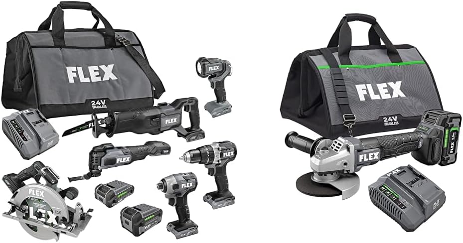 FLEX 24V 6-Tool Combo Kit with Hammer Drill, Impact Driver, Circular Saw, Multi-Tool, Reciprocating Saw, Work Light plus 5' Angle Grinder with 2 Batteries, Charger