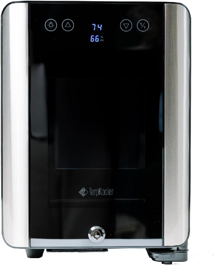 Terpkooler Essential Cooler Compact Portable Mini Fridge with Temp & Humidity Control, 3 USB Ports, Smoked Glass Shelves, Lockable UV Glass Door for Herbs, Oils, Cosmetics, and More