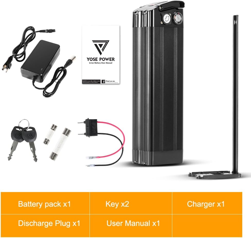 YS YOSE POWER 48V 15AH Lithium Ebike Battery Seat Tube 250W 350W 500W 750W 1000W Bicycle Electric Bike Battery with Charger 2Pins Discharge Port 30A BMS Silverfish E Bike Batteries