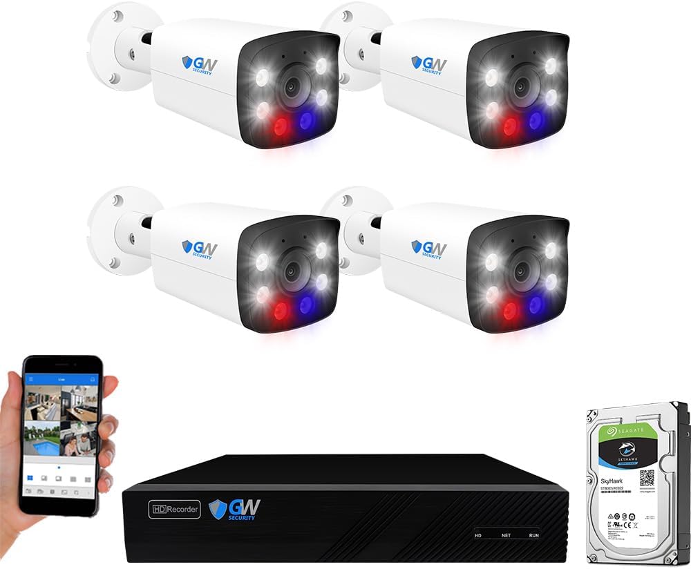 GW Security 8 Channel 4K NVR H.265 8MP Fulltime Color Night Vision Security Camera System with 4 UltraHD 4K IP Two-Way Audio Outdoor PoE Security Cameras, Smart AI Human Detection