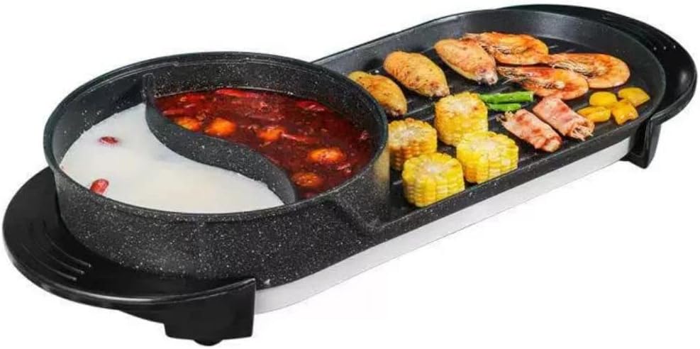 JYYBN 2 in 1 Electric Grill and Hot Pot, BBQ Pan Grill and Hot Pot, Multifunctional Teppanyaki Grill Pot with Dual Temp Control, 5 Speed for Indoor Korean BBQ, Shabu