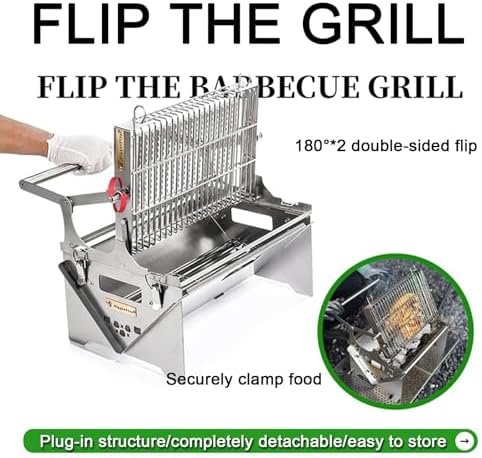360 degree Rotating Portable Charcoal Grill Stainless Steel for Outdoor Picnics, Camping, Yard Parties Flipping Barbecue Grill for Easy Cooking