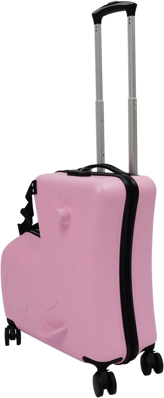20 inch Ridable Double-Wheel Pink Trolley Luggage Case, Ride on Suitcase with Spinner Wheels Seat & Safety Belt, Hardside Rolling Luggage for Travel