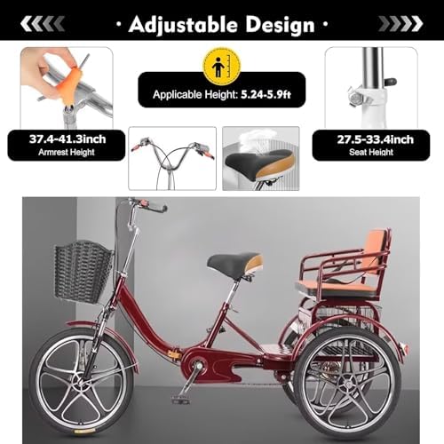 Folding Tricycle for Adults - Low-Step 3-Wheel Cruiser Bike with Rear Seat for Passengers & Cargo, Dual Brakes, Front Suspension, and Dual Chain Drive - Perfect for Men & Women