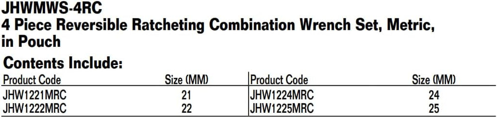Williams MWS-4RC 4-Piece Metric Reversible Ratcheting Combination Wrench Set